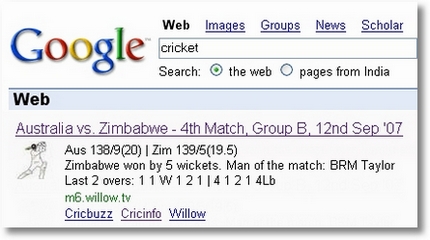 Google Search Feature - Live Cricket Scores are just One-Click Away!