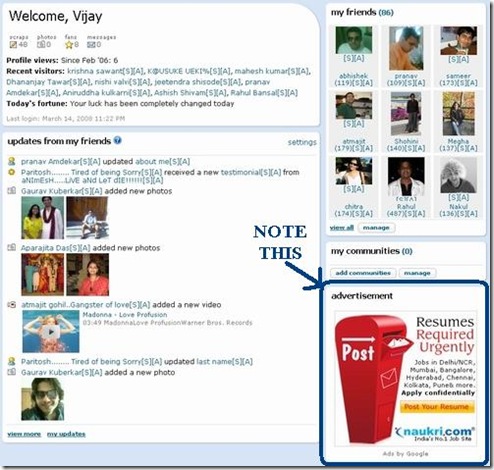 orkut showing google adsense ads on home
