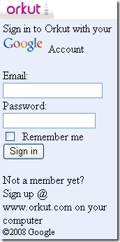 Mobile Orkut Login Page