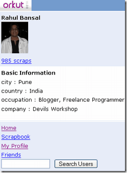 Mobile Orkut Profile Page