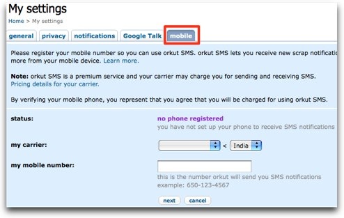 orkut - Mobile settings for SMS notifications.jpg