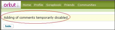 Addition of comments disabled on Orkut