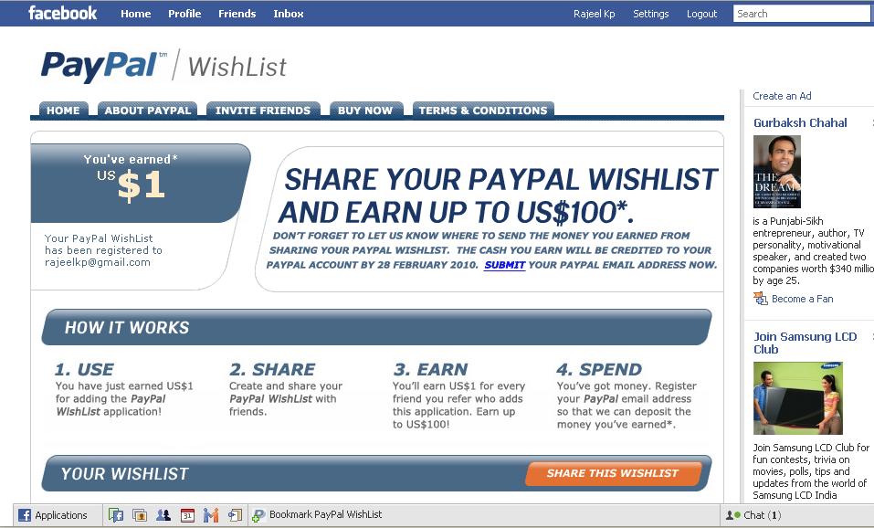 Paypal wishlist earn $100