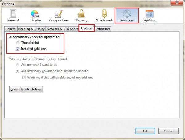 Desable automatic updates in thunderbird