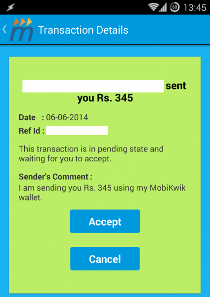 Invoice of successfully completed MobiKwik transfer transaction